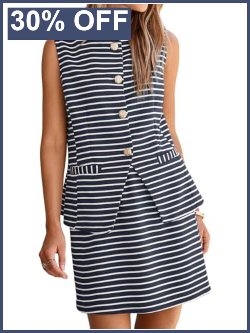 Women's 2 Piece Striped Sleeveless Button Down Vest and Skort Set